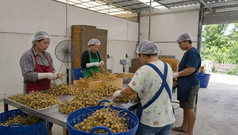 Hand-grading longan at the packing house
